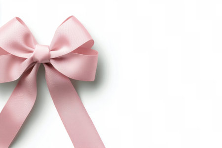 Soft pastel pink ribbon with an elegant bow is placed on a white background, perfect for gift wrapping or creative projects. The textures and colors enhance any celebration or decor.の素材