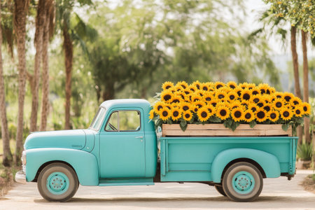 A classic turquoise truck carries a full load of vibrant sunflowers, parked in a sunny area surrounded by greenery, creating a cheerful atmosphere that radiates warmth and joy.の素材
