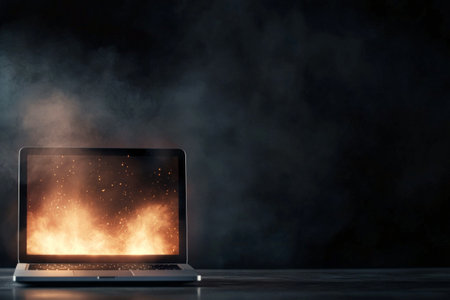 A laptop sits on a table, surrounded by a dark atmosphere, while flames and smoke billow from its screen. The scene conveys an urgent and alarming situation, emphasizing the fiery eruption.の素材