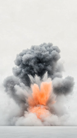 A large explosion sends thick clouds of smoke and fire upward against a moody, overcast sky. The fiery blast creates a striking contrast to the surrounding gray environment, evoking a dramatic effect.の素材