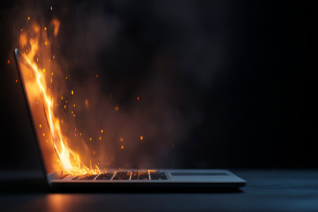 A laptop sits on a table, surrounded by a dark atmosphere, while flames and smoke billow from its screen. The scene conveys an urgent and alarming situation, emphasizing the fiery eruption.の素材
