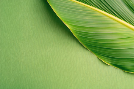 A large, vibrant green leaf lies gently on a smooth, textured green surface, highlighting the rich hues of nature. The combination presents a serene and fresh natural aesthetic.の素材