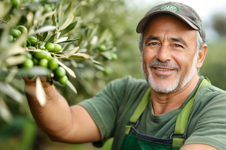 A man with a beard and gray cap smiles while carefully picking ripe olives from a tree in a green orchard. The warm sunlight creates a serene atmosphere, enhancing the beauty of the harvest.の素材