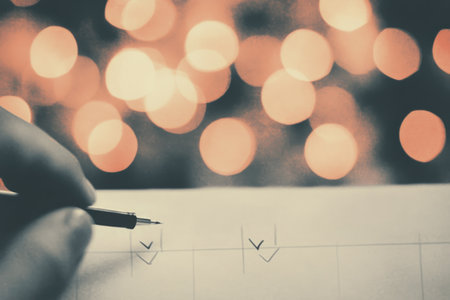 A person holds a pen and checks off tasks on a checklist, with a warm, bokeh background of soft lights creating an inviting evening atmosphere.の素材