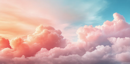 Soft pink and blue clouds fill the sky during sunset, creating a tranquil and dreamy ambiance. The scene reflects gentle light and adds a sense of peace and wonder to the evening.の素材