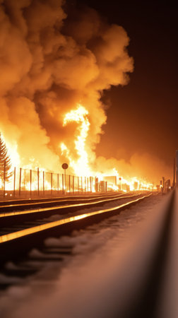 An intense explosion lights up the night sky with bright flames and billowing smoke. The fiery event contrasts against a backdrop filled with stars, creating a stunning yet chaotic display of power.の素材
