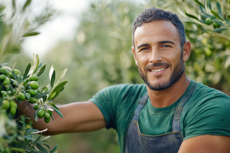 A man with a beard and gray cap smiles while carefully picking ripe olives from a tree in a green orchard. The warm sunlight creates a serene atmosphere, enhancing the beauty of the harvest.の素材