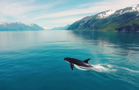 An orca glides through calm blue waters of a fjord, with majestic snow capped mountains in the background. The scene captures the beauty of marine life in a pristine natural environment.の素材