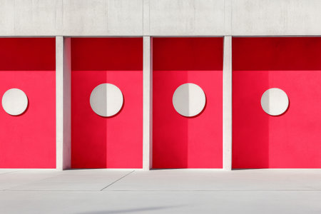 A striking display of modern architecture showcases a series of bold red doors with circular cutouts.の素材