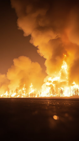 An intense explosion lights up the night sky with bright flames and billowing smoke. The fiery event contrasts against a backdrop filled with stars, creating a stunning yet chaotic display of power.の素材