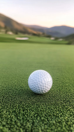 A golf ball sits on lush green grass, perfectly placed for a shot. In the background, rolling hills stretch under a warm sunset sky, creating a serene atmosphere for golfing enthusiasts.の素材