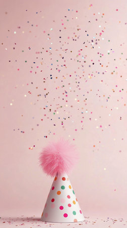 A vibrant party hat decorated with polka dots and topped with a fluffy pink pom sits against a soft pink background. Colorful confetti is falling from above, creating a festive atmosphere.の素材
