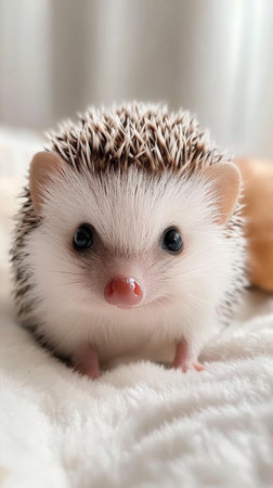 A small hedgehog with soft, light colored fur is curiously gazing at the viewer. The background is bright, creating a cheerful and inviting atmosphere, perfect for animal lovers.の素材