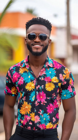 A man stands confidently in a vibrant floral shirt and sunglasses on a sunny day. Palm trees line the street, creating a tropical atmosphere in the urban setting.の素材