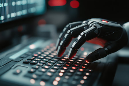 A robotic hand with intricate design is actively typing on a backlit keyboard in a dimly lit setting. Various monitors display data, emphasizing a high tech atmosphere.の素材