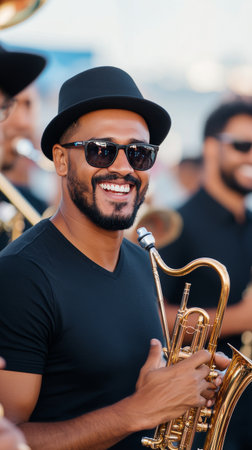 A talented musician in a stylish outfit and hat plays the trumpet with enthusiasm at an outdoor event as the sun sets. The atmosphere is filled with energy and lively sounds from the band.の素材