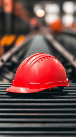 A bright red safety helmet rests on a conveyor belt in a busy construction site during the day. Workers in safety gear can be seen in the background, actively engaged in their tasks.の素材