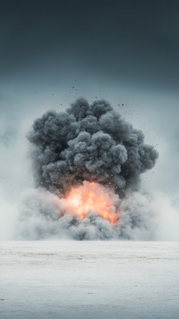 A large explosion erupts in a barren landscape, sending a billowing cloud of smoke and debris into the air. The bright flash illuminates the surroundings, highlighting the devastation.の素材