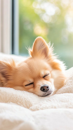 A small, fluffy white dog with a joyful expression is lying on a cozy bed by a window. Sunlight filters through, highlighting the dogs fur and the green plants outside.の素材