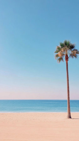 A tall palm tree rises majestically on a white sandy beach. The tranquil turquoise ocean stretches out under a clear blue sky, creating a serene coastal atmosphere.の素材