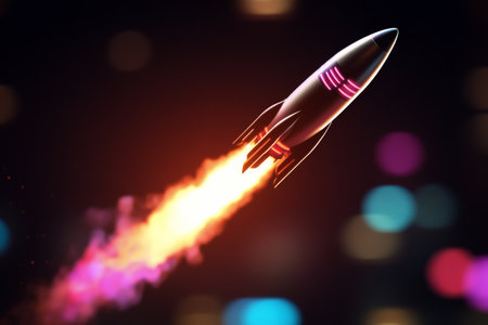 A sleek rocket ascends with bright flames trailing from its engines, set against a backdrop of colorful, blurred lights, evoking a sense of adventure and technology.の素材