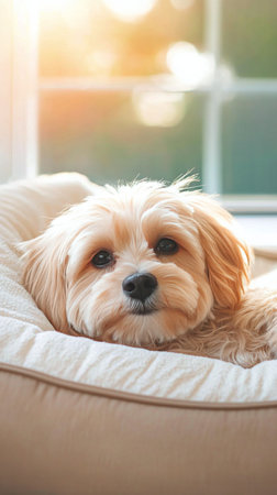 A small, fluffy white dog with a joyful expression is lying on a cozy bed by a window. Sunlight filters through, highlighting the dogs fur and the green plants outside.の素材