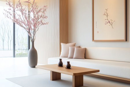 A contemporary living room showcases a large sectional sofa, a wooden coffee table, and abundant natural light. The open floor plan connects to a sleek kitchen, promoting a relaxed atmosphere.の素材