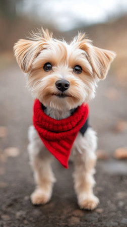 A small dog with fluffy fur and a red scarf stands confidently in a grassy field. The background features dry grass and trees, creating a warm and inviting atmosphere for outdoor fun.の素材