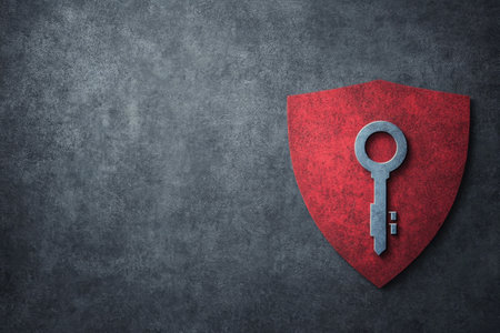 A large, bold key is displayed against a two tone background of dark blue and vibrant red. This imagery represents themes of access, security, and unlocking possibilities.の素材