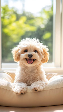 A small, fluffy white dog with a joyful expression is lying on a cozy bed by a window. Sunlight filters through, highlighting the dogs fur and the green plants outside.の素材