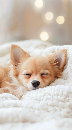 A small chihuahua rests peacefully on a fluffy blanket, eyes closed, in a serene living room adorned with soft, glowing lights. The atmosphere is warm and inviting.の素材