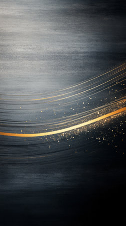 A dynamic swirl of golden light travels across a dark textured surface, creating an elegant contrast. Tiny sparkling particles enhance the overall sense of movement and brightness.の素材