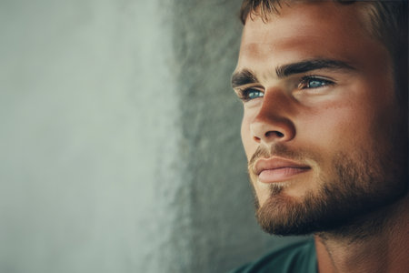 A young man gazes thoughtfully into the distance, showcasing his chiseled jawline and intense eyes. Soft lighting highlights his facial structure and deep expressions, creating a contemplative mood.の素材
