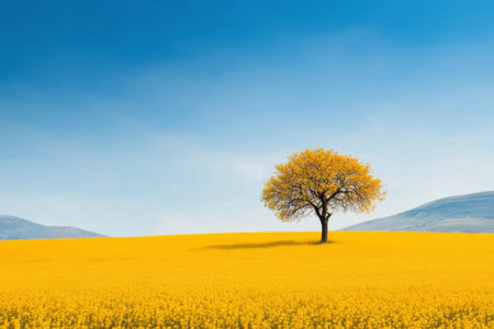 A vast field covered in bright yellow flowers stretches to the horizon, with a single tree standing tall. The blue sky with fluffy clouds completes this picturesque rural setting.の素材