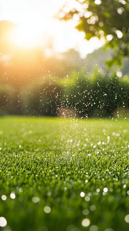 Dew drops shimmer on lush green grass as water sprays gently over the lawn in a sunny garden. A backdrop of blooming plants enhances the peaceful spring atmosphere.の素材