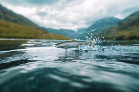 A vibrant rainbow trout is leaping out of a clear river, its scales glistening under the sun. The stunning backdrop features majestic mountains and a serene environment, showcasing natures beauty.の素材