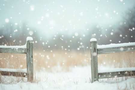 A serene winter landscape features a vast expanse of white snow covering the ground, surrounded by snow laden trees under a bright blue sky with gentle snowflakes falling.の素材
