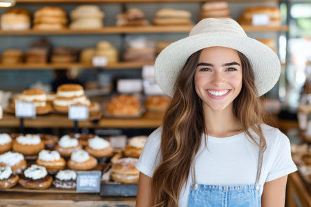 A young woman in a white apron and cap stands behind a counter filled with various baked goods. She smiles warmly as she showcases freshly made pastries in a quaint bakery.の素材