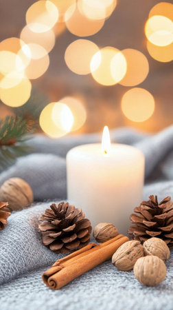 A cozy winter scene with a pine cone, cinnamon sticks, and shiny balls on a wooden surface, surrounded by soft knit fabric and warm lights for a comfortable vibe.の素材