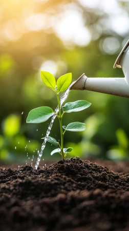 A hand held watering can pours water onto a small, green plant emerging from dark soil. Sunlight filters through trees, illuminating the fresh growth in a serene garden setting.の素材