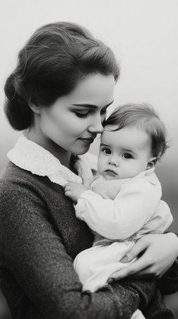 A mother embraces her joyful baby, showcasing a moment of affection in a warm and inviting indoor space illuminated by soft natural light. The bond between them is evident in their expressions.の素材