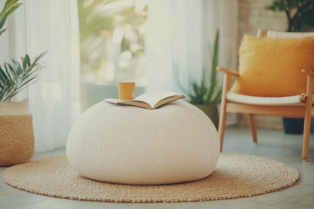 A woman with curly hair sits comfortably in a bean bag chair, reading a book in a bright indoor space filled with plants and decorative elements. She enjoys a peaceful moment of relaxation.の素材