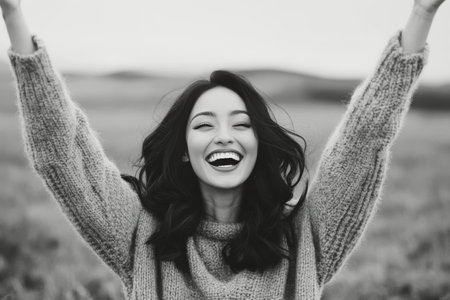 A woman with long dark hair is smiling widely as she raises her arms in celebration. She is in a picturesque field with gentle hills in the background, creating a vibrant yet calm atmosphere.の素材