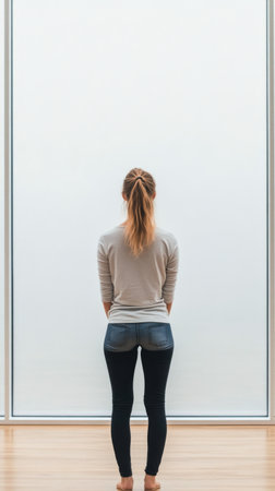 A woman with long hair stands in profile, observing modern art pieces displayed on the wall. Soft light filters through the gallery, enhancing her contemplative expression.の素材