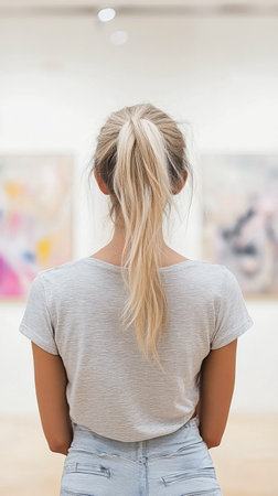 A woman with long hair stands in profile, observing modern art pieces displayed on the wall. Soft light filters through the gallery, enhancing her contemplative expression.の素材
