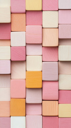 Various pastel colored wooden blocks are neatly arranged on a wall. The blocks features shades of pink, orange, and white, creating a visually appealing pattern.の素材