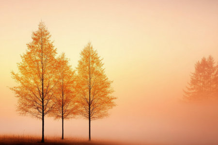 A solitary tree stands in a foggy field during dawn, enveloped by a tranquil atmosphere. The soft pastel colors of the sky create a peaceful and reflective environment, enhancing the beauty of nature.の素材