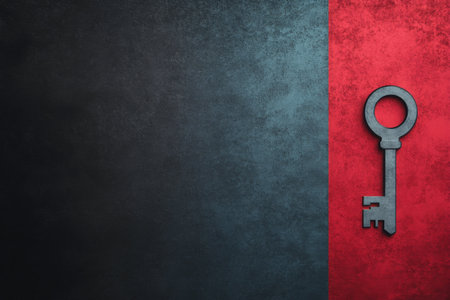 A large, bold key is displayed against a two tone background of dark blue and vibrant red. This imagery represents themes of access, security, and unlocking possibilities.の素材