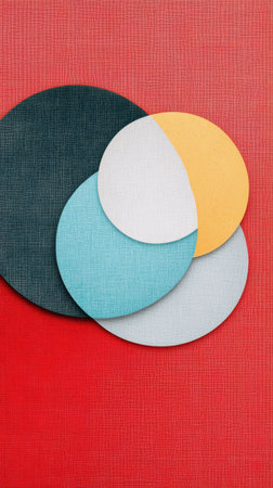 A circular arrangement of fabric swatches in various colors is displayed on a bright red background. The swatches showcase different textures and tones, creating a visually appealing composition.の素材