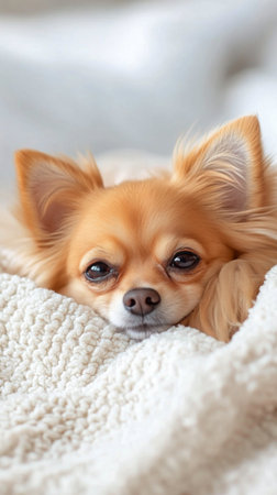 A small chihuahua rests peacefully on a fluffy blanket, eyes closed, in a serene living room adorned with soft, glowing lights. The atmosphere is warm and inviting.の素材